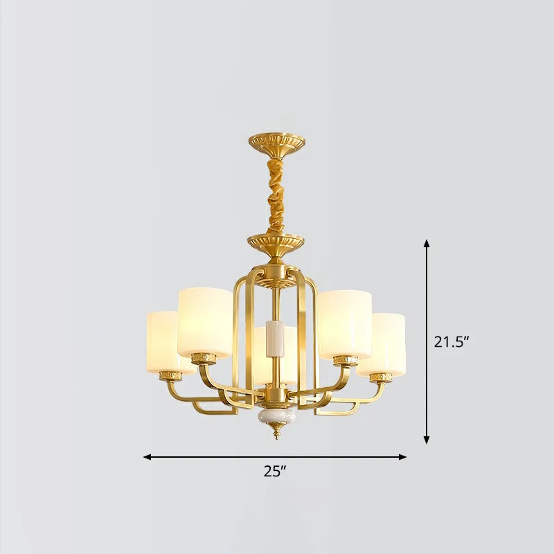 Traditional Cylinder Chandelier Milky Glass Ceiling Hang Light Messing Living Room Brass
