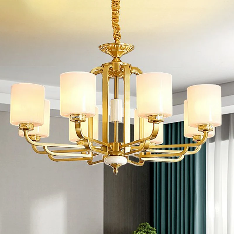 Traditional Cylinder Chandelier Milky Glaswerk Ceiling Hang Light Brass Living Room Brass