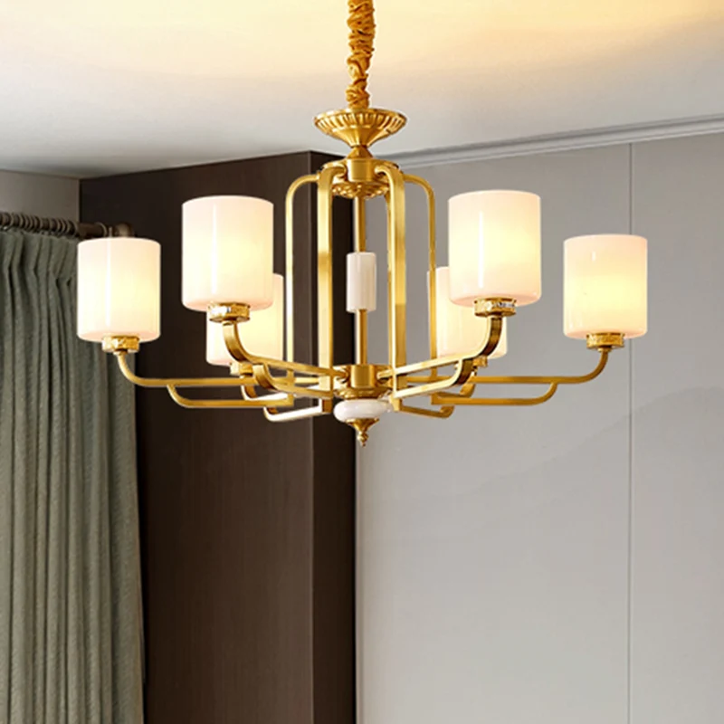 Traditional Cylinder Chandelier Milky Glaswerk Ceiling Hang Light Brass Living Room Brass