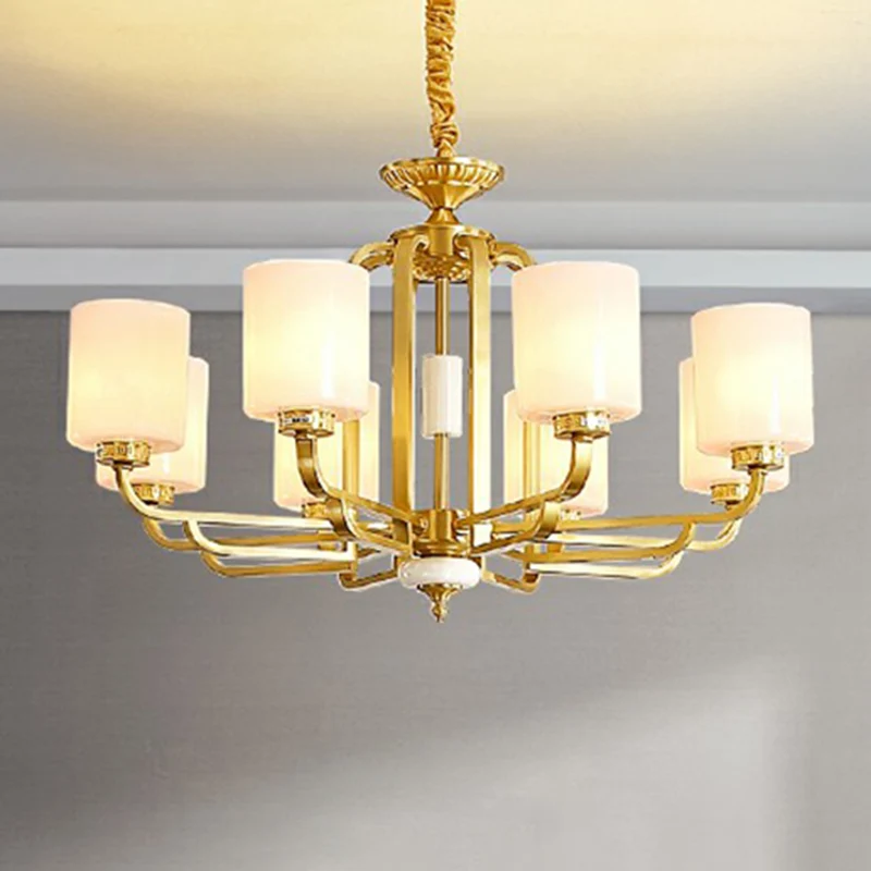 Traditional Cylinder Chandelier Milky Glaswerk Ceiling Hang Light Brass Living Room Brass