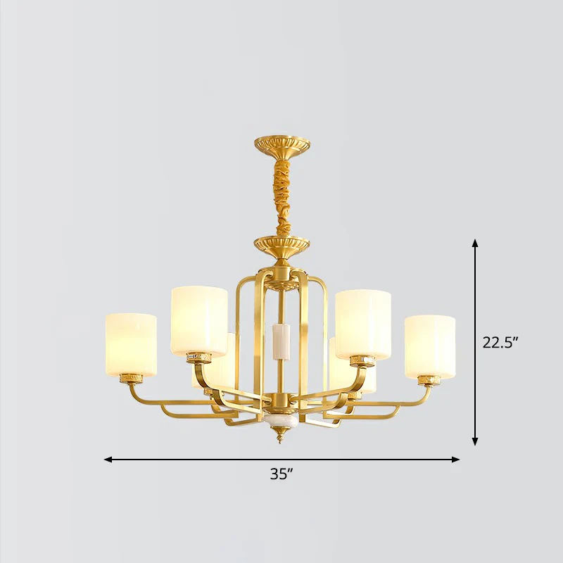 Traditional Cylinder Chandelier Milky Glaswerk Ceiling Hang Light Brass Living Room Brass