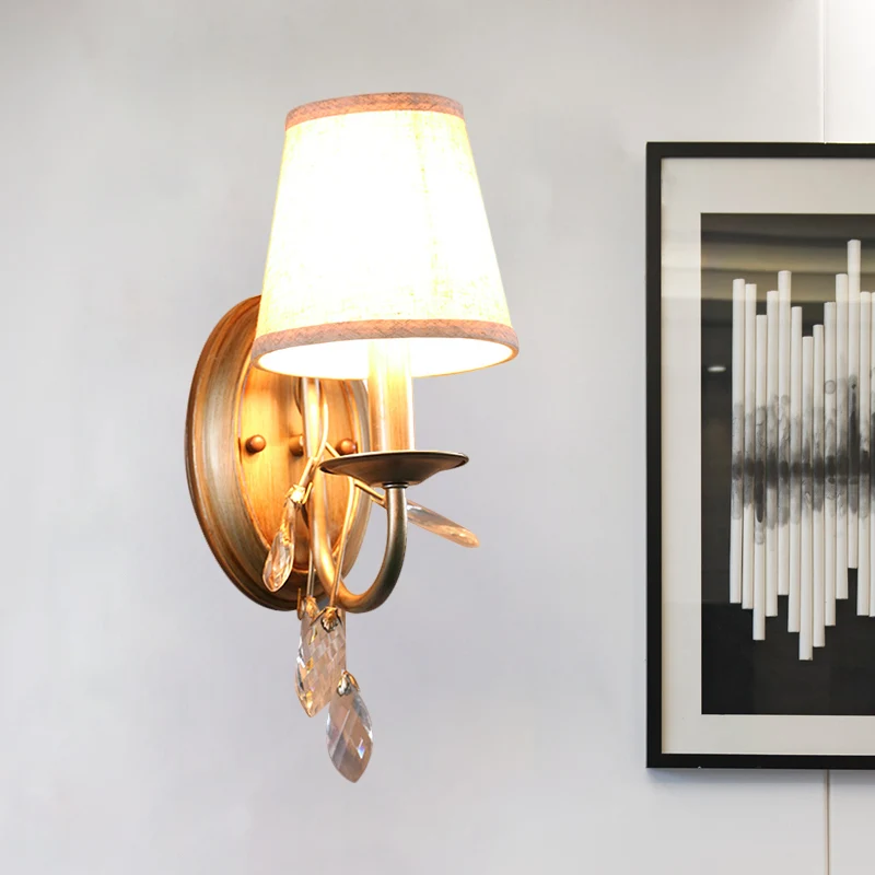 Verguld Cone Wall Mounted Lighting Contemporary Fabric Shade 1/2-Bulb Sconce Light Fixture Crystal Drop Gold