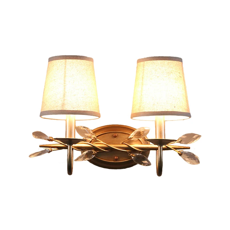 Verguld Cone Wall Mounted Lighting Contemporary Fabric Shade 1/2-Bulb Sconce Light Fixture Crystal Drop Gold