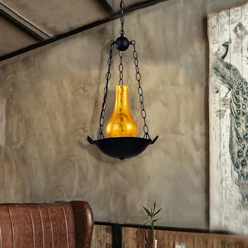 Vintage Vase Shade Pendant Lighting 1 Light Crackle Glazen Hanging Light Fixture Black/Brown Black