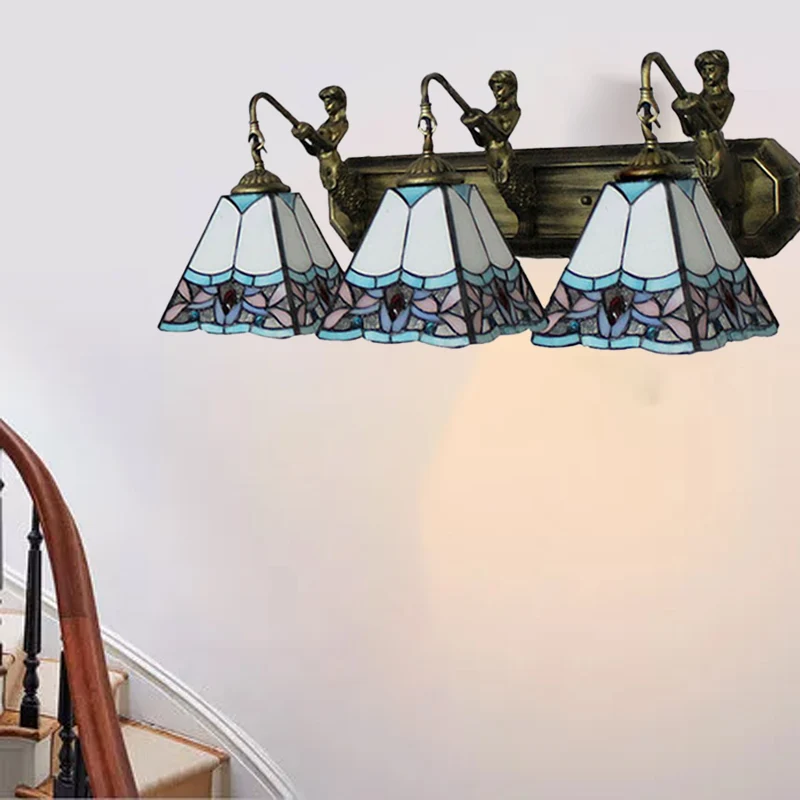 White Glazen Trapezoid Wall Mounted Light Tiffany 3 Heads Orange/Blue Sconce Light Fixture Blue