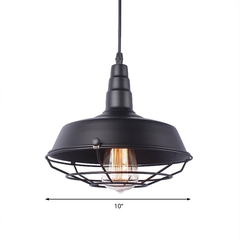 White Inner/Black Wire Guard Pendant Lighting Barn Shade Ouderwets Wrought Iron 1 Light Kitchen Suspended Light Black