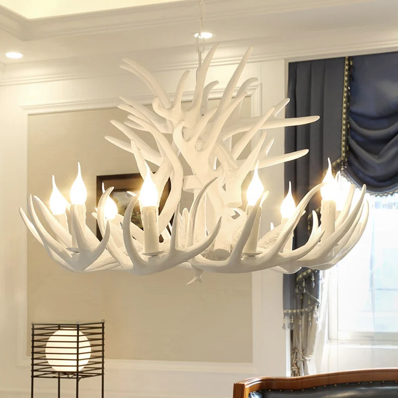 White Ouderwets Resin Deer Horn Chandelier Rustic Style Bedroom Drop Lamp Lighting Fixture White White