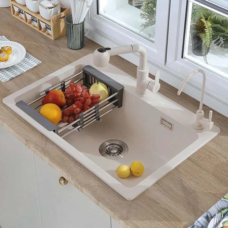 White Quartz Kitchen Sink Één Bowl Sink Basket Strainer 21