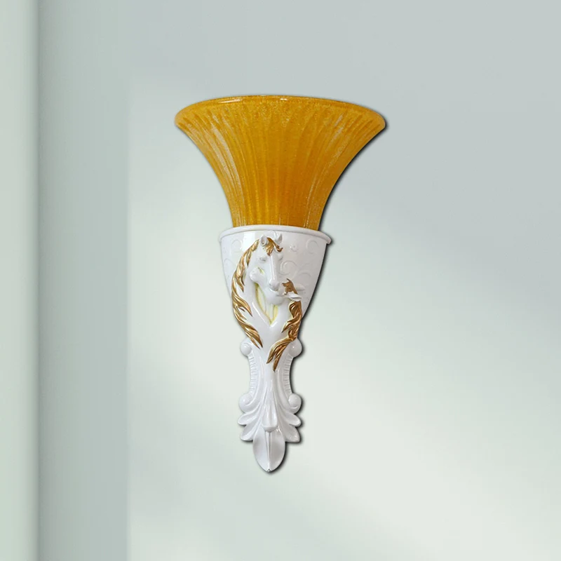 White/Gold Carved Sconce Lamp Colonization Metal 1 Bulb Wall Lighting Fixture Flared Amber Glaswerk Shade Gold