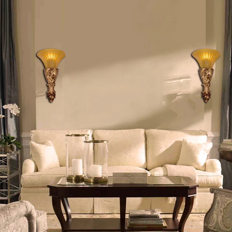 White/Gold Carved Sconce Lamp Colonization Metal 1 Bulb Wall Lighting Fixture Flared Amber Glaswerk Shade Gold