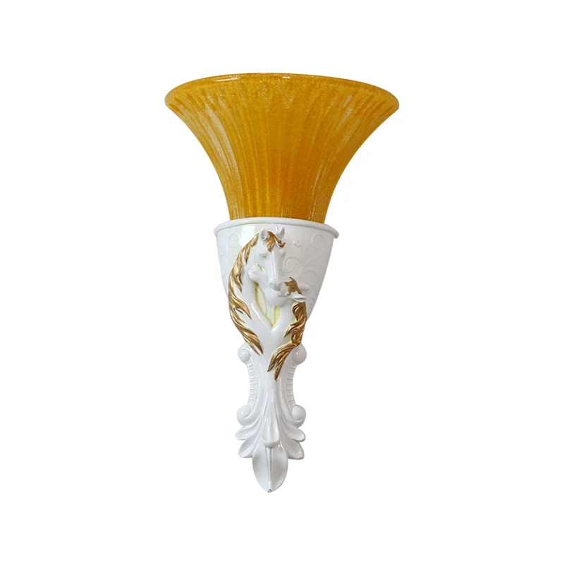 White/Gold Carved Sconce Lamp Colonization Metal 1 Bulb Wall Lighting Fixture Flared Amber Glaswerk Shade Gold
