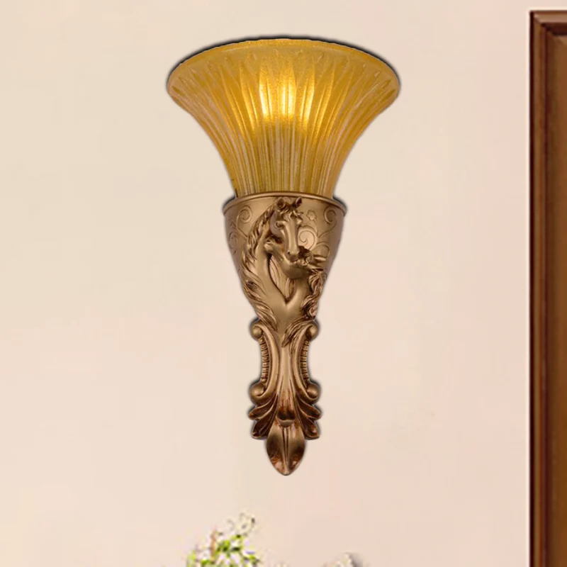 White/Gold Carved Sconce Lamp Colonization Metal 1 Bulb Wall Lighting Fixture Flared Amber Glaswerk Shade Gold