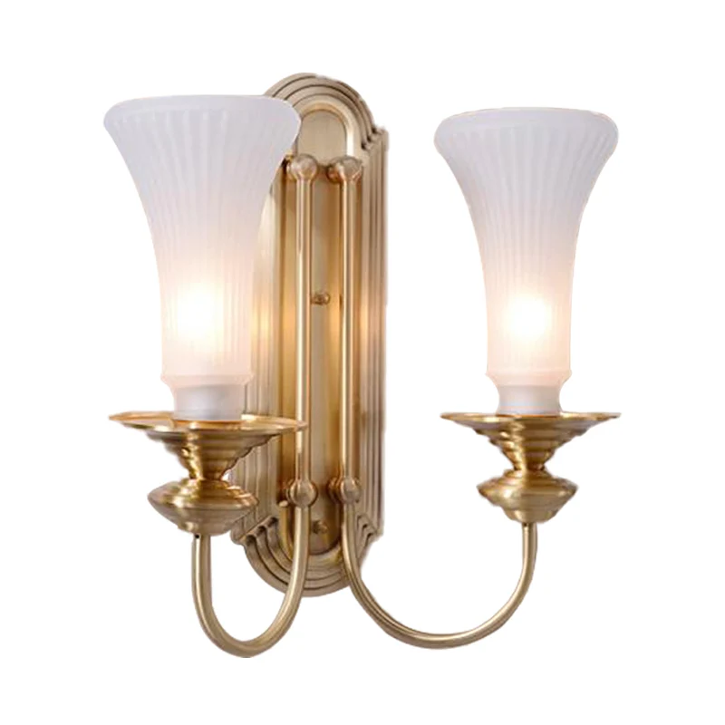 Wide Flare Wall Lamp Traditional Ivoor Glass 1/2 Bulbs Brass Sconce Light Fixture Bedroom Brass