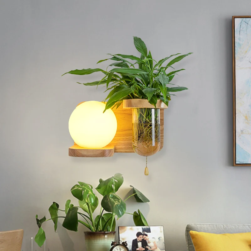 Wood Globe/Cylinder Wall Sconce Nordic Cream Glazen 1 Bulb Bedroom Wall Light Plant Pot and Pull Chain Wood