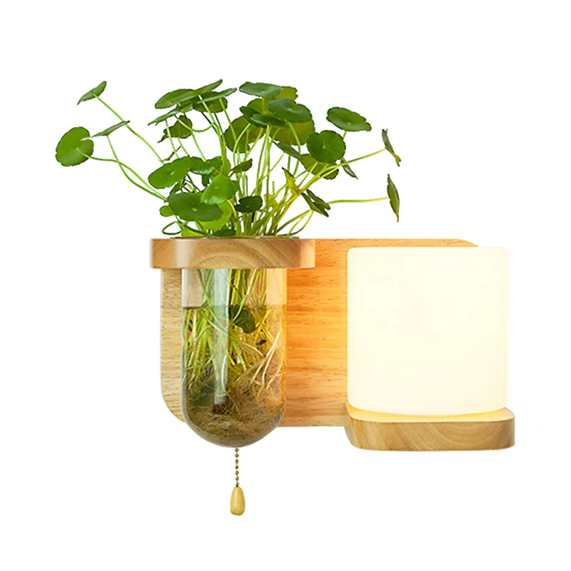 Wood Globe/Cylinder Wall Sconce Nordic Cream Glaswerk 1 Bulb Bedroom Wall Light Plant Pot and Pull Chain Wood