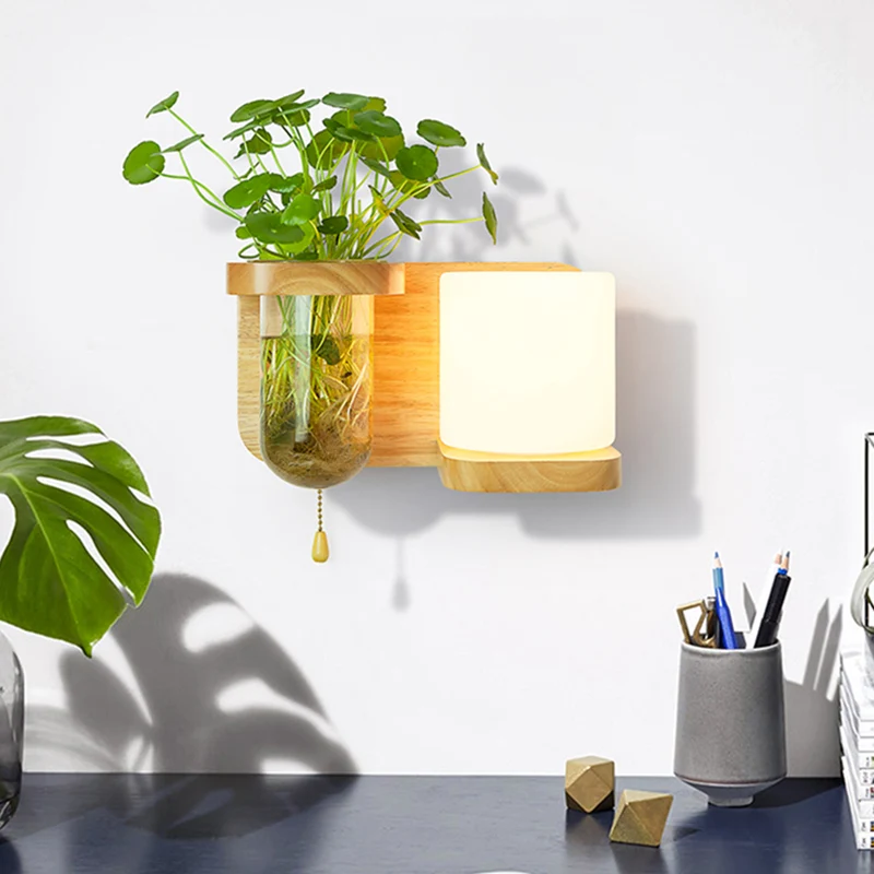 Wood Globe/Cylinder Wall Sconce Nordic Cream Glaswerk 1 Bulb Bedroom Wall Light Plant Pot and Pull Chain Wood