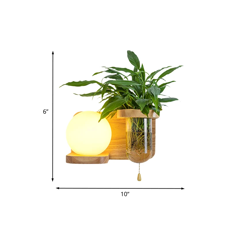 Wood Globe/Cylinder Wall Sconce Nordic Cream Glaswerk 1 Bulb Bedroom Wall Light Plant Pot and Pull Chain Wood