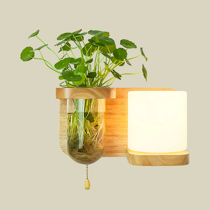 Wood Globe/Cylinder Wall Sconce Nordic Cream Glaswerk 1 Bulb Bedroom Wall Light Plant Pot and Pull Chain Wood