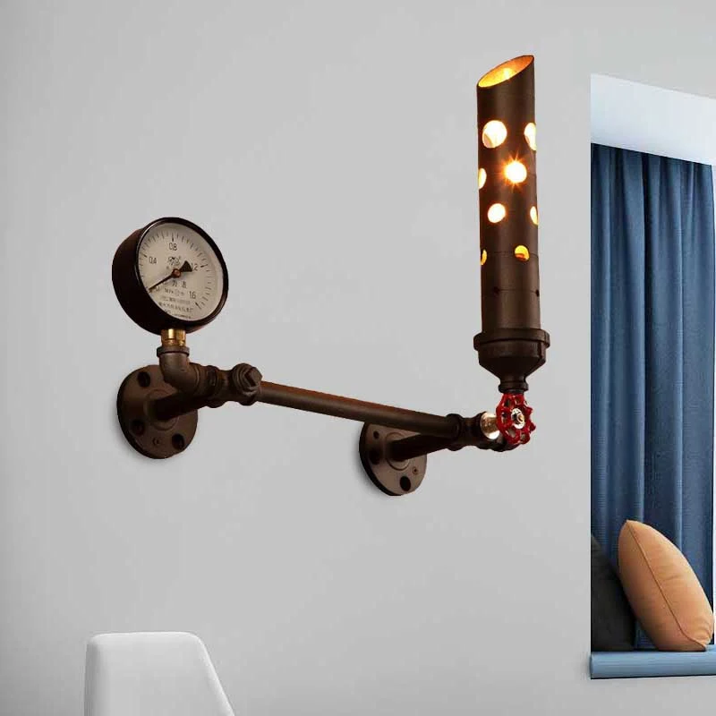 Wrought Iron Tubed Sconce Lighting Valve and Gauge Ouderwets 1 Light Living Room Wall Sconce Lamp Aged Brass/Black Black
