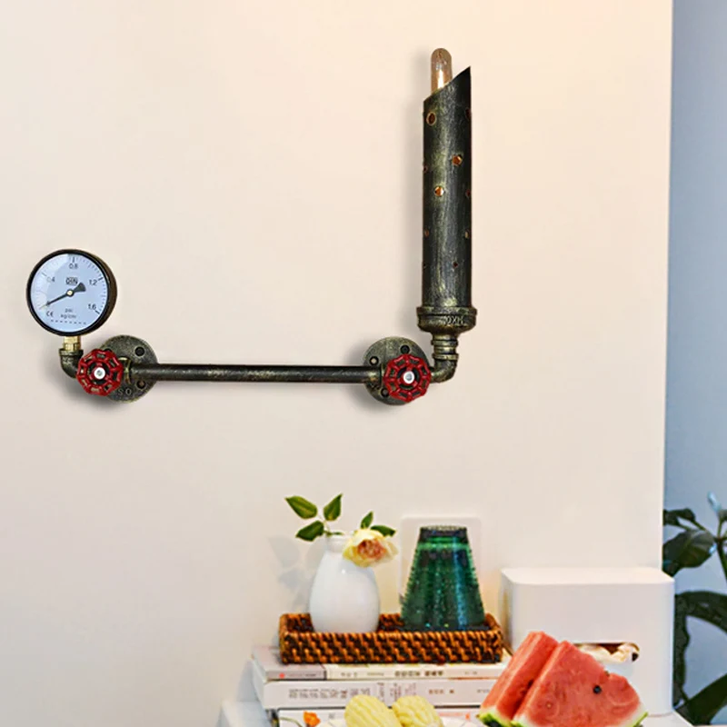 Wrought Iron Tubed Sconce Lighting Valve and Gauge Ouderwets 1 Light Living Room Wall Sconce Lamp Aged Brass/Black Black