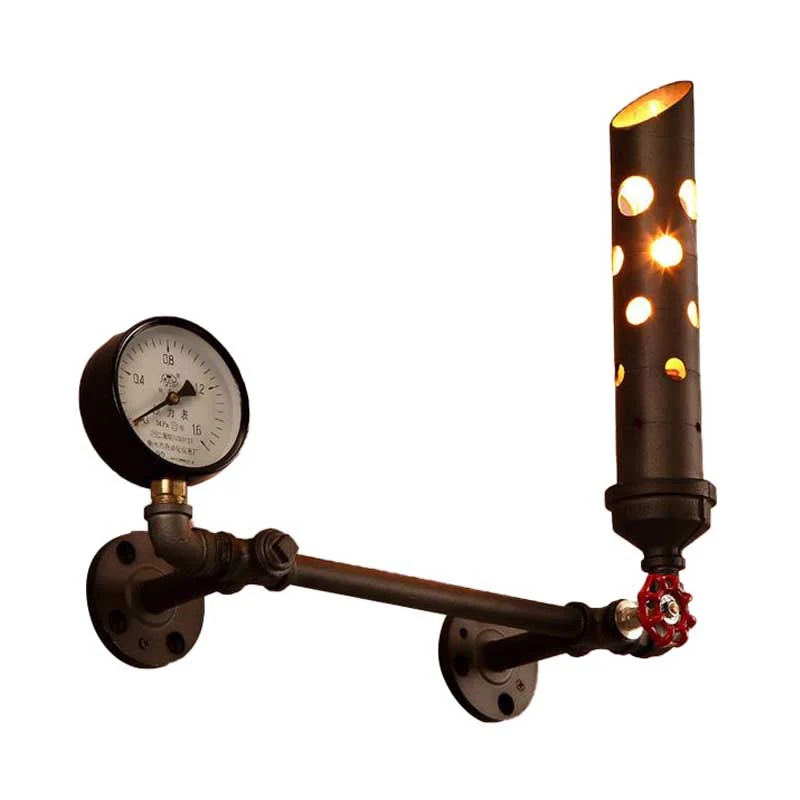 Wrought Iron Tubed Sconce Lighting Valve and Gauge Ouderwets 1 Light Living Room Wall Sconce Lamp Aged Brass/Black Black
