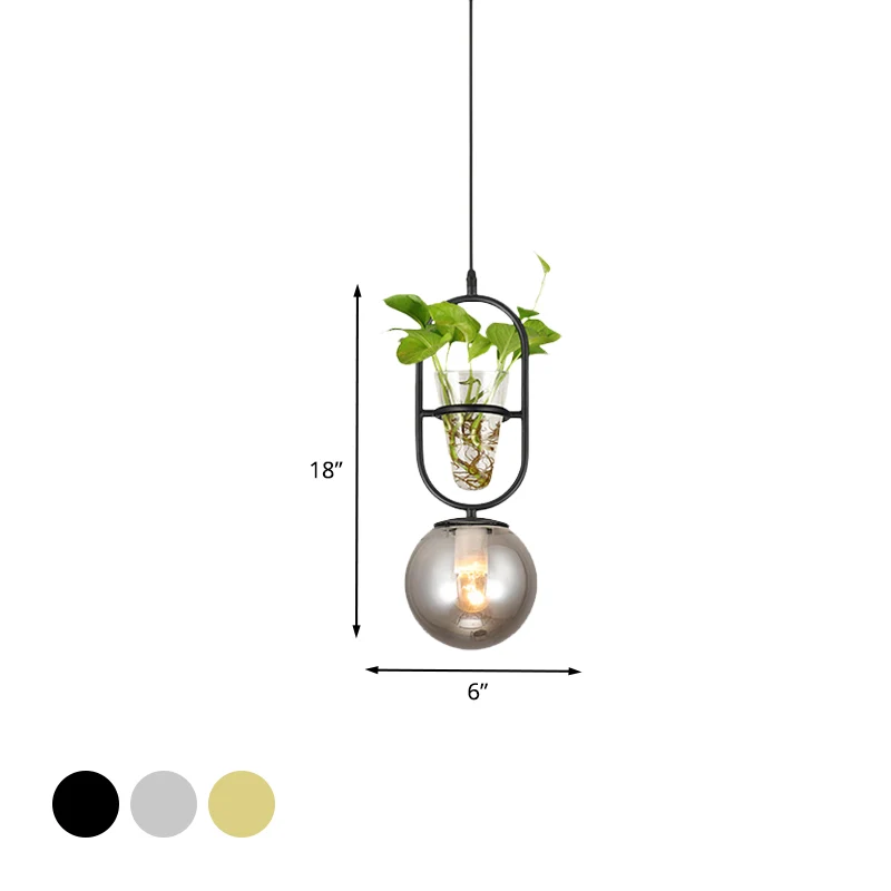 1-Head Hanging Light Loft Spherical Opal/Smoke Gray Glaswerk Ceiling Lamp Black/Grey/Gold Oblong Frame and Plant Cup Grey