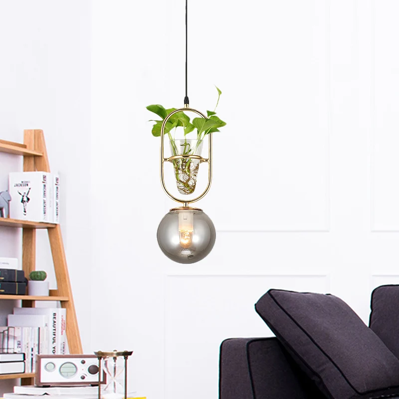 1-Head Hanging Light Loft Spherical Opal/Smoke Gray Glaswerk Ceiling Lamp Black/Grey/Gold Oblong Frame and Plant Cup Grey