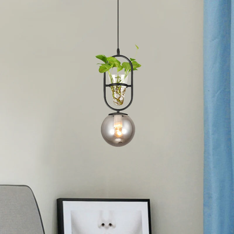 1-Head Hanging Light Loft Spherical Opal/Smoke Gray Glaswerk Ceiling Lamp Black/Grey/Gold Oblong Frame and Plant Cup Grey