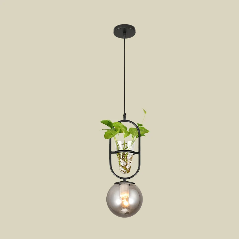 1-Head Hanging Light Loft Spherical Opal/Smoke Gray Glaswerk Ceiling Lamp Black/Grey/Gold Oblong Frame and Plant Cup Grey