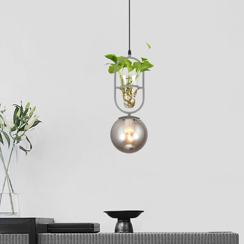 1-Head Hanging Light Loft Spherical Opal/Smoke Gray Glaswerk Ceiling Lamp Black/Grey/Gold Oblong Frame and Plant Cup Grey