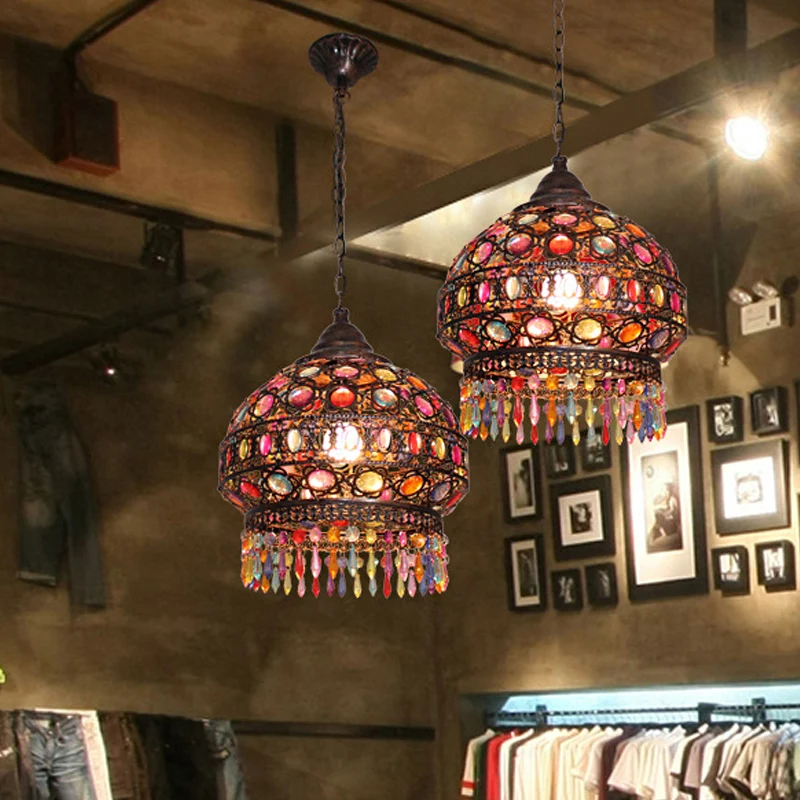 Boheemse koepel/cilinder slingerlamp, enkele lamp, glas--lood plafond-ophanglamp koper met franje