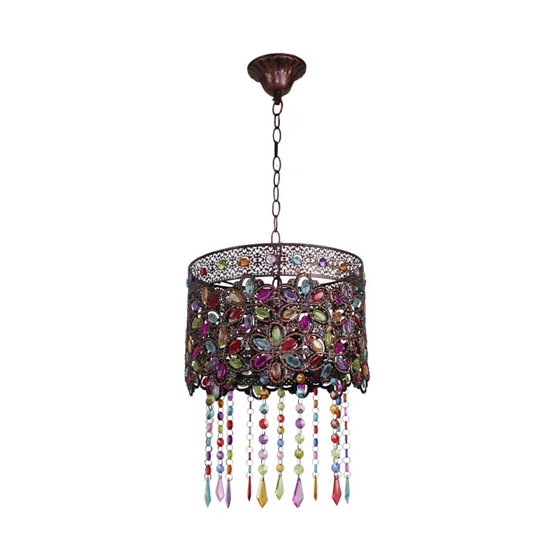 Boheemse koepel/cilinder slingerlamp, enkele lamp, glas--lood plafond-ophanglamp koper met franje