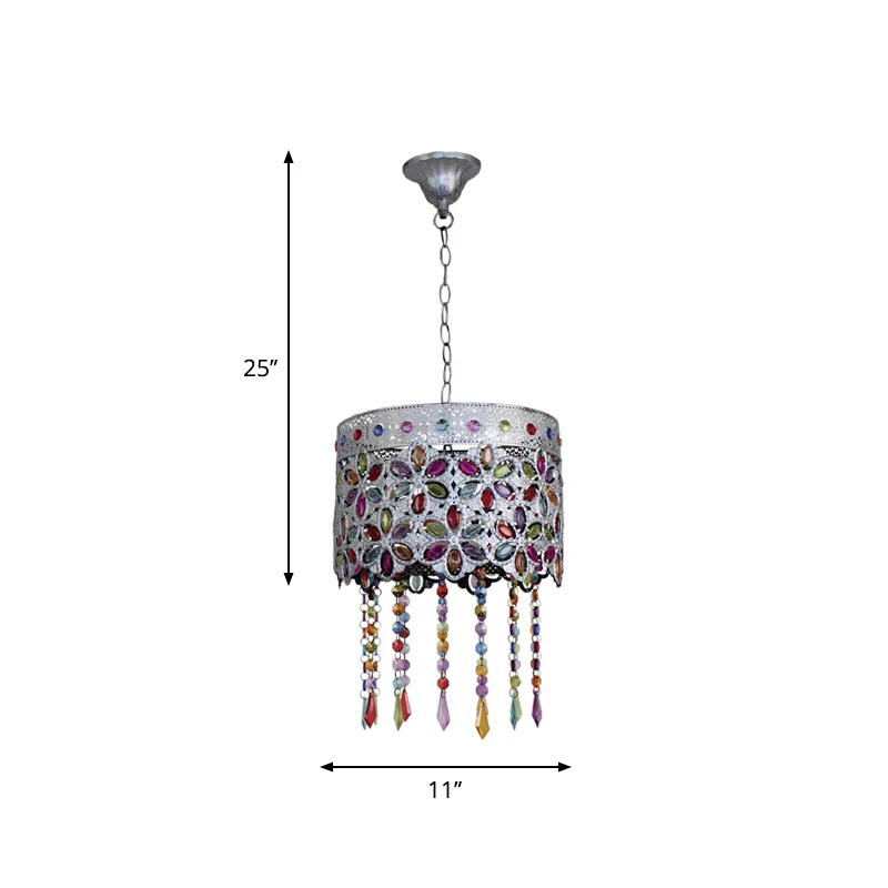 Boheemse koepel/cilinder slingerlamp, enkele lamp, glas--lood plafond-ophanglamp koper met franje