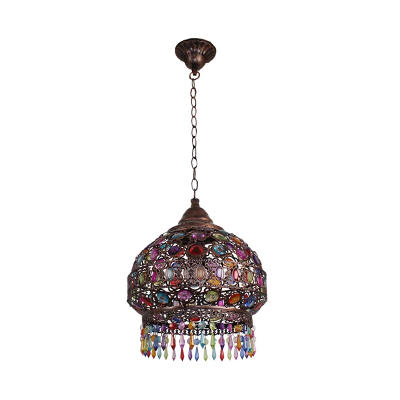 Boheemse koepel/cilinder slingerlamp, enkele lamp, glas--lood plafond-ophanglamp koper met franje