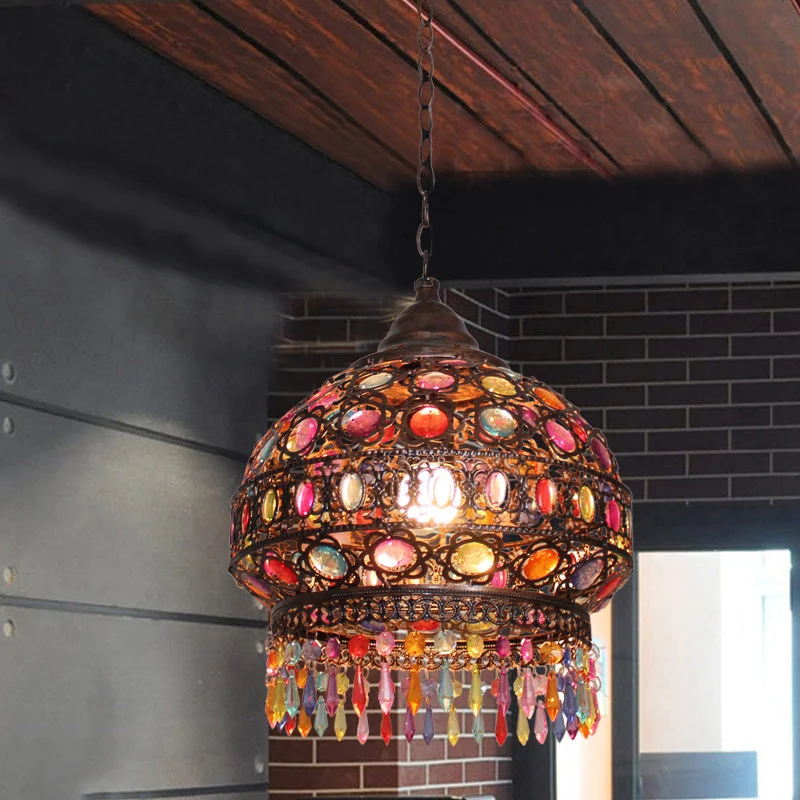 Boheemse koepel/cilinder slingerlamp, enkele lamp, glas--lood plafond-ophanglamp koper met franje