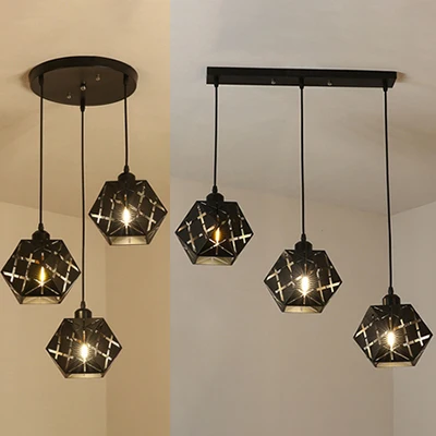 Geometric Hanging Lamp Handgesneden Metal Shade Industrial 3 Lights Kitchen Pendant Light Black