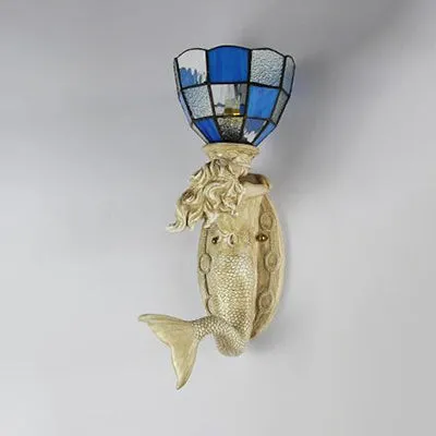 Hars zeemeermin wandkandelaar met raster glazen kap 1 essentieel Lodge wandmontage licht wit/blauw