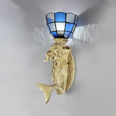Hars zeemeermin wandkandelaar met raster glazen kap 1 essentieel Lodge wandmontage licht wit/blauw
