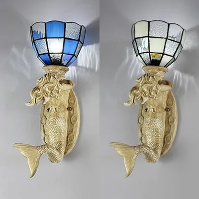 Hars zeemeermin wandkandelaar met raster glazen kap 1 hoofd Lodge wandmontage zacht wit/blauw