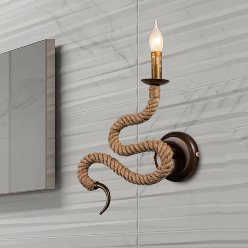 Kaarsenlamp met touw en gebogen design Vintage 1-lichts slaapkamer wandgemonteerd helder brons