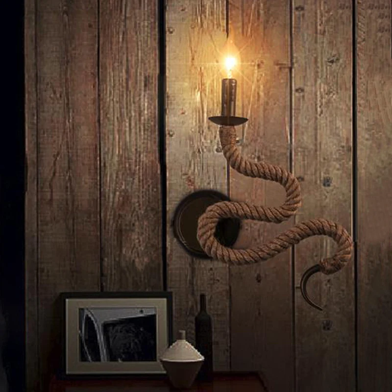 Kaarsenlamp met touw en gebogen design Vintage 1-lichts slaapkamer wandgemonteerd helder brons