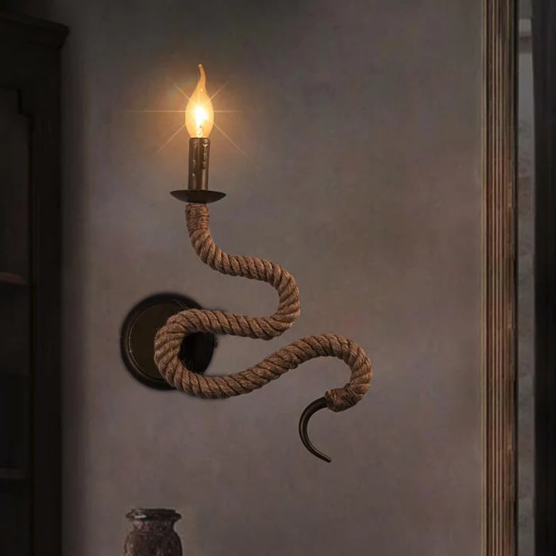 Kaarsenlamp met touw en gebogen design Vintage 1-lichts slaapkamer wandgemonteerd zacht brons