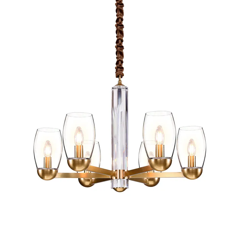 Licht glazen gouden kroonluchterlamp ovale 3/6-lamps kolonialistische ophanghanger met Starburst-ontwerp
