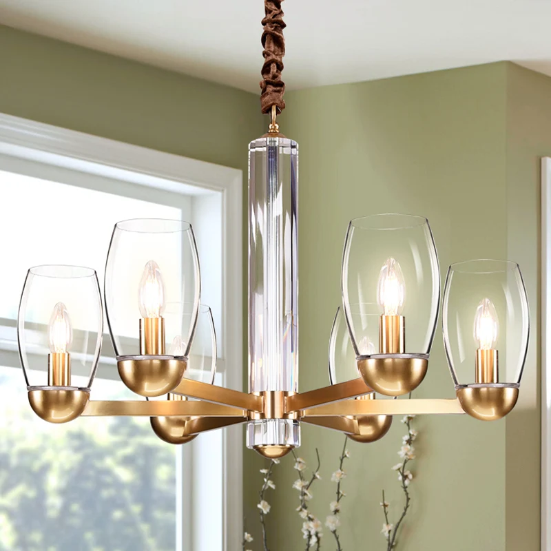 Licht glazen gouden kroonluchterlamp ovale 3/6-lamps kolonialistische ophanghanger met Starburst-ontwerp