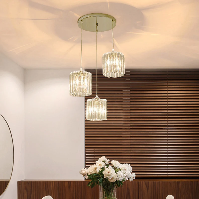 Minimalistische 3-koppige clusterhangende cilindrische hanglamp met kristallen kap voor eetkamer