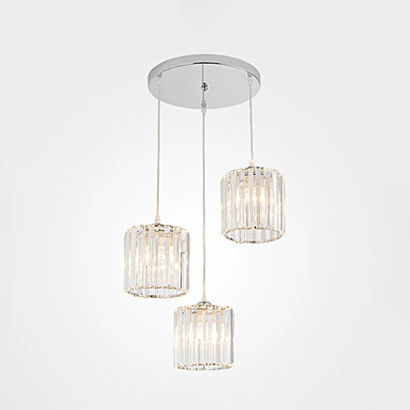 Minimalistische 3-koppige clusterhangende cilindrische hanglamp met kristallen kap voor eetkamer