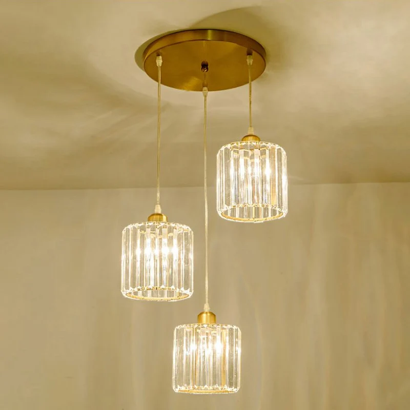 Minimalistische 3-koppige clusterhangende cilindrische hanglamp met kristallen kap voor eetkamer