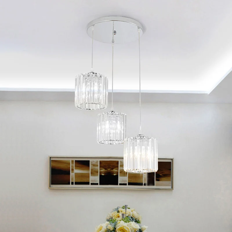 Minimalistische 3-koppige clusterhangende cilindrische hanglamp met kristallen kap voor eetkamer