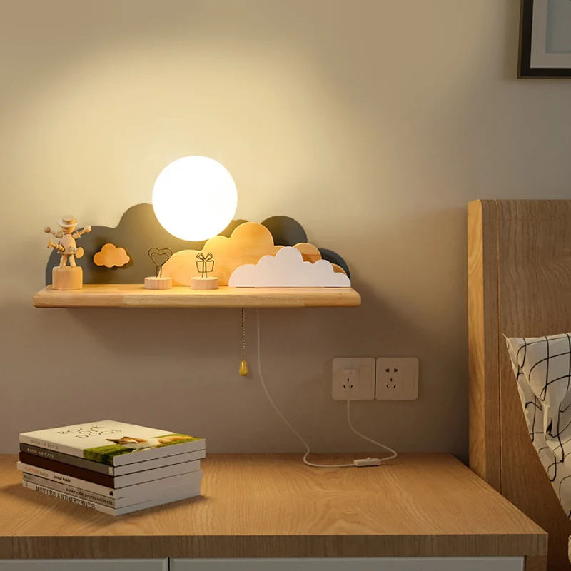 Modern Cloud Wood Sconce Light 1 Light Wall Mounted Light Blue/White/Gray Round Glazen Shade and on/off Pull Chain White