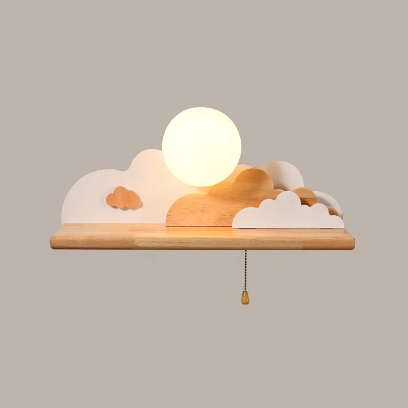 Modern Cloud Wood Sconce Light 1 Light Wall Mounted Light Blue/White/Gray Round Glazen Shade and on/off Pull Chain White